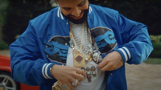 From the iconic N.E.R.D. pendant to a Sony PSP encased in gold, here is all of Pharrell's old jewelry worn by Drake in the 'Jumbotron Shit Poppin' video.