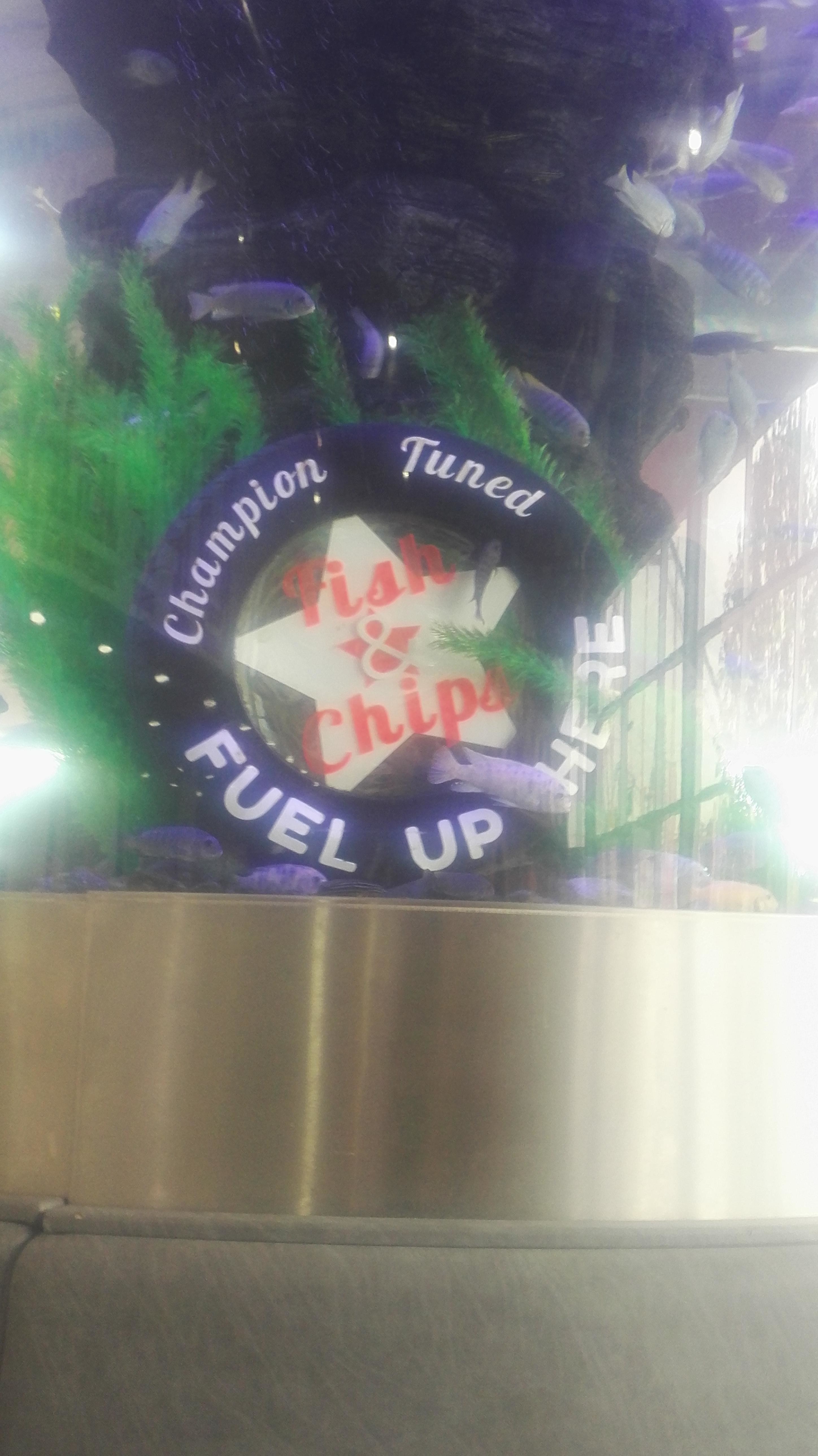 &quot;fish and chips fuel up here&quot; sign in a fish tank