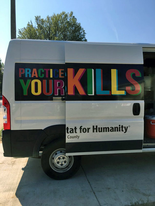 white van that says &quot;practice your kills&quot;