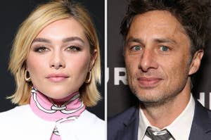 Florence Pugh wears a pink turtleneck sweater with white designs under a white blazer with gold hoop earrings. Zach Braff wears a blue suit with a gray tie.