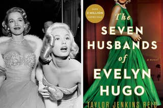two separate images: on the left two old hollywood actresses, on the right the cover for the book 