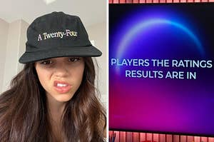 jenna ortega next to a tv screen that says "players the rating results are in"