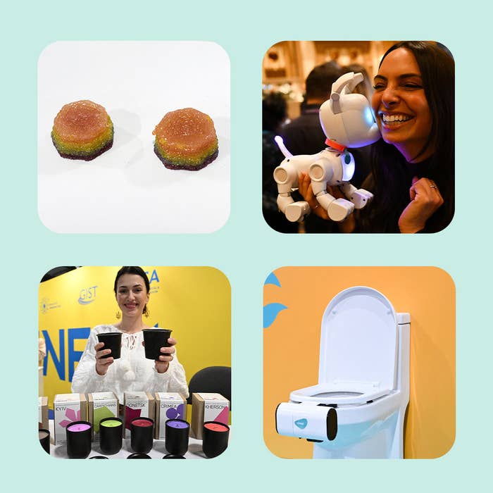 A grid of four squares: one holding custom gummies for acne treatment, one with a toy electronic dog, one with a person holding candles, and one with a smart toilet that can analyze pee