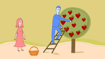 picking heart-shaped apples from a tree and handing to partner