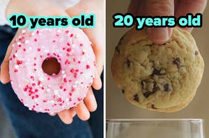 On the left, a strawberry donut with sprinkles labeled 10 years old, and on the right, someone dunking a chocolate chip cookie in milk labeled 20 years old