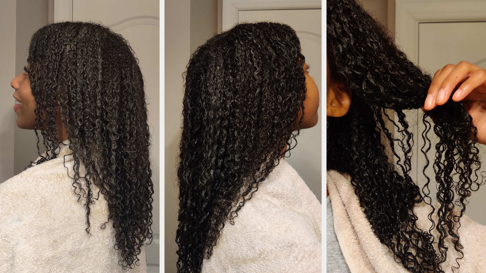 the author&#x27;s hair at different angles to show the curl definition