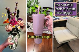 a lego flower bouquet / a light purple stanley cup dupe / a white wide office chair 