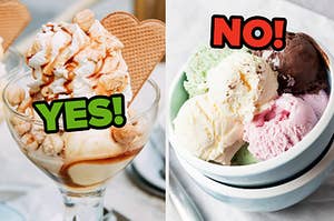 On the left, a caramel sundae labeled yes, and on the right, a bowl full of various scoops of ice cream labeled no