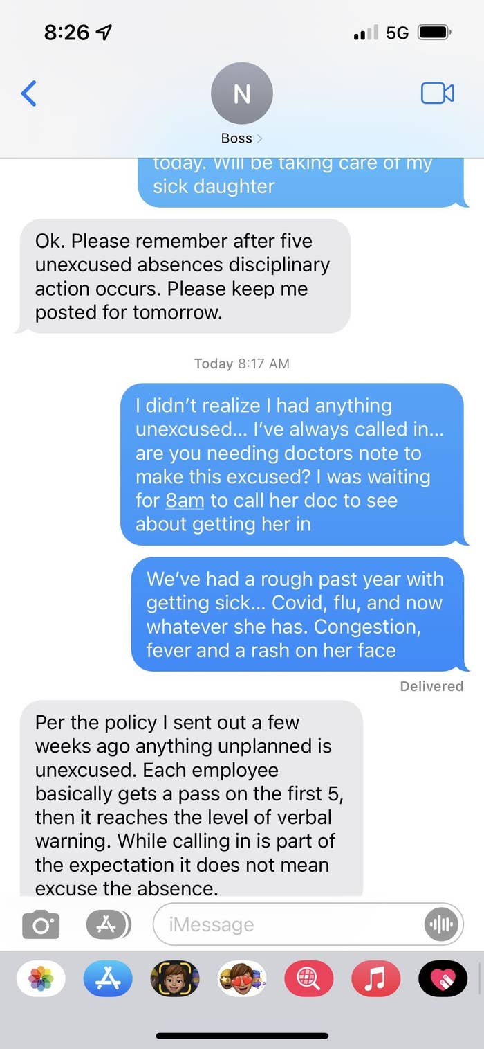 Text message screenshot of boss saying that taking a sick child to the doctor is an unexcused absence, and more than five results in &quot;disciplinary action&quot;