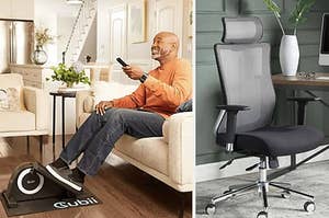 On the left is a man with a small exercise machine and on the right is an office chair
