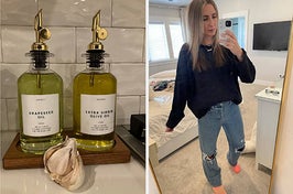 on left, oil dispensers with labels that say "grapeseed oil" and "extra virgin olive oil" on the front. on right, reviewer wearing black oversized sweater