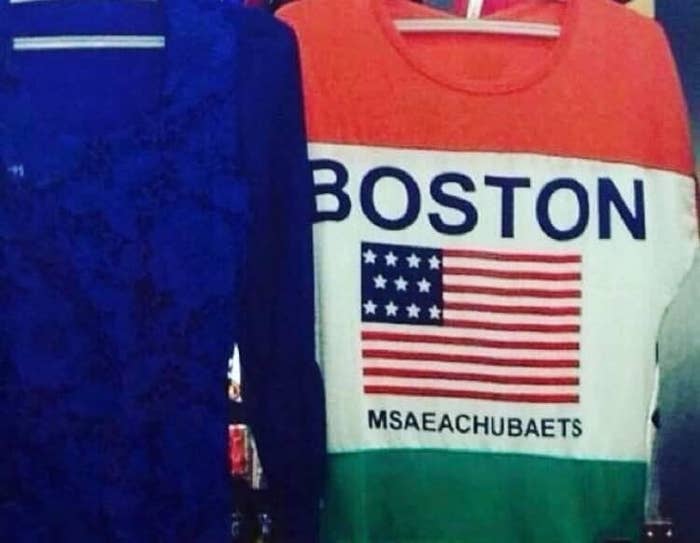shirt that says boston with flag and Massachusetts spelled wrong