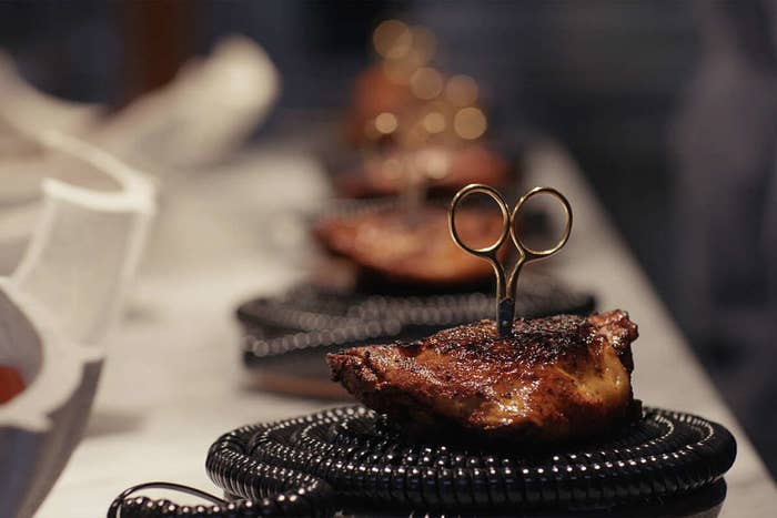 steak with scissors in it in &quot;the menu&quot;