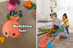 A bath toy with water spraying from the top/Two kids using an indoor slide