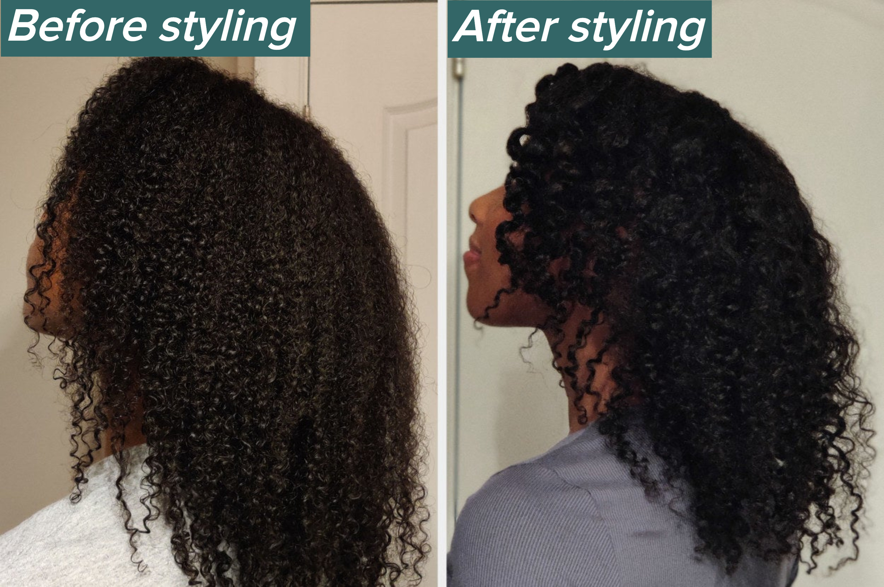 before and after of the curls still defined and shine still intact