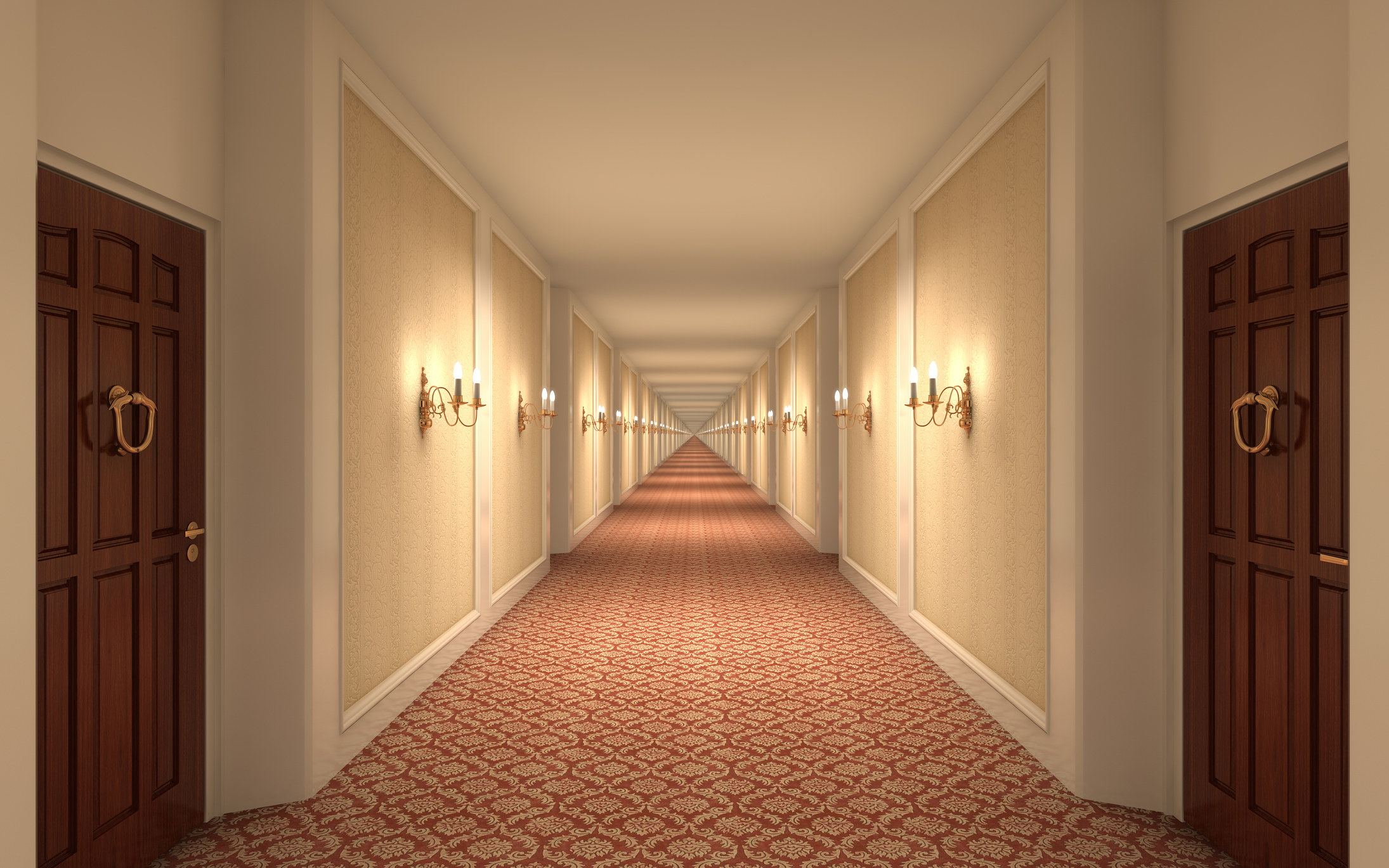 A long hotel hallway.