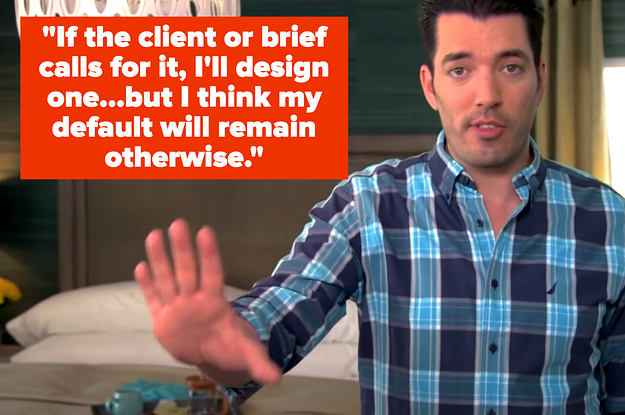 property brother talking in front of a bed in bedroom with quote: "if the client of brief calls for one, i'll design it, but i think my default will remain otherwise."