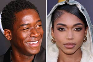 Damson Idris wears a black shirt. Lori Harvey wears a gray dress that laces up with a hood and gold hoop earrings.