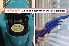 teal keurig with cleaning pod; model using blue blinds cleaner