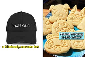 to the left: a dad hat that says rage quit on it, to the right: animal crossing character cookies