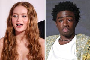 Sadie Sink wears a tank top with gold designs. Caleb McLaughlin wears a white shirt under a green jacket with yellow designs and a silver necklace.
