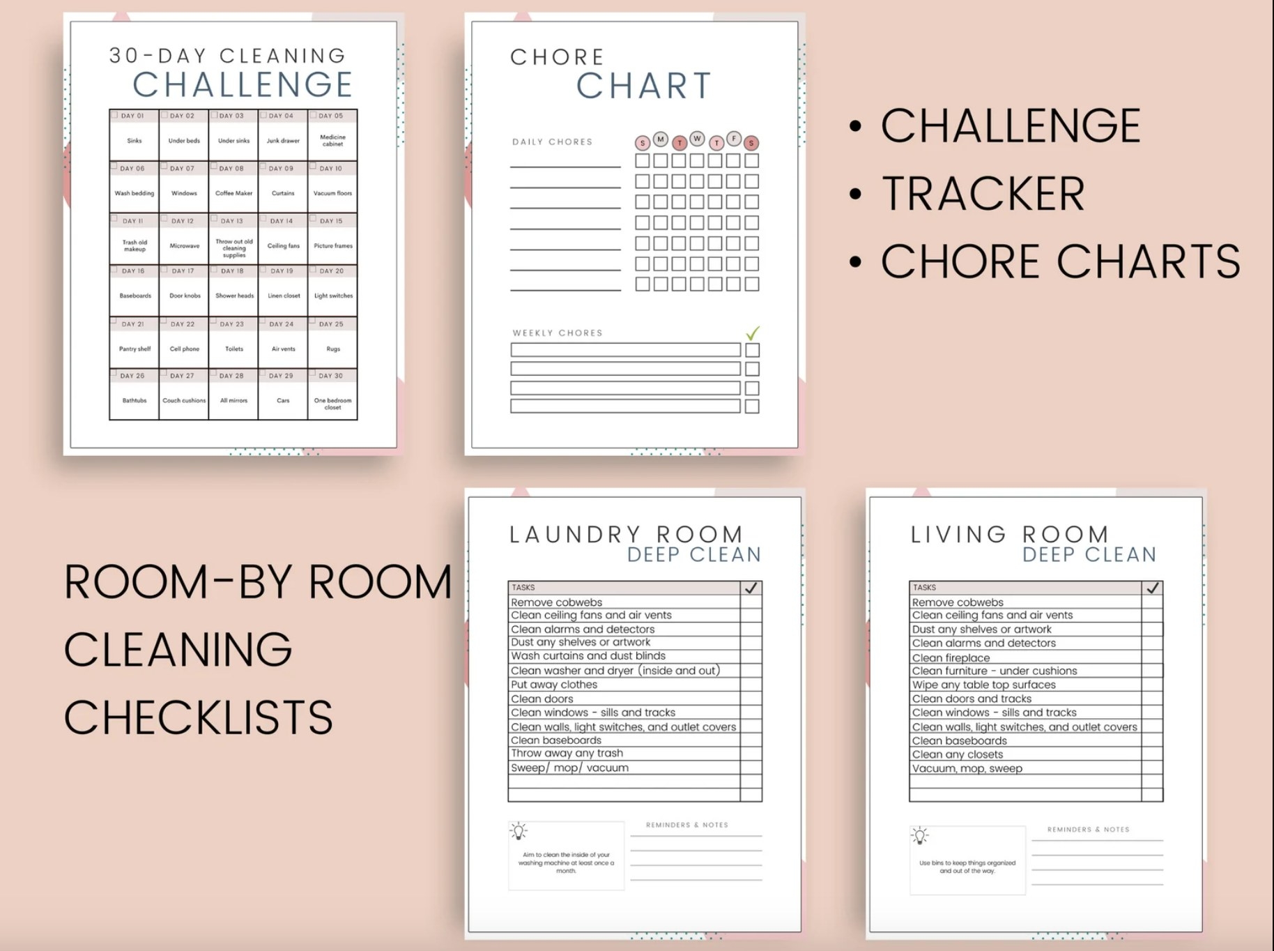 several of the chore charts and checklists displayed on a light pink background