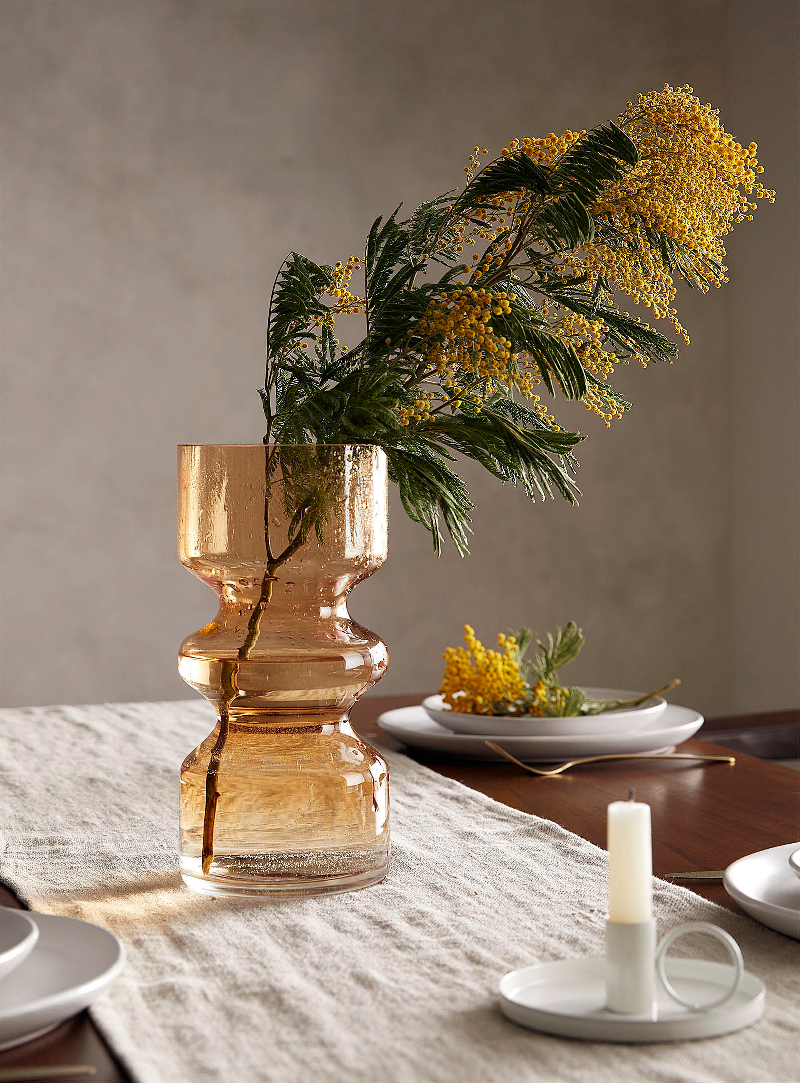 a cute vase with a branch in it on a cozy table