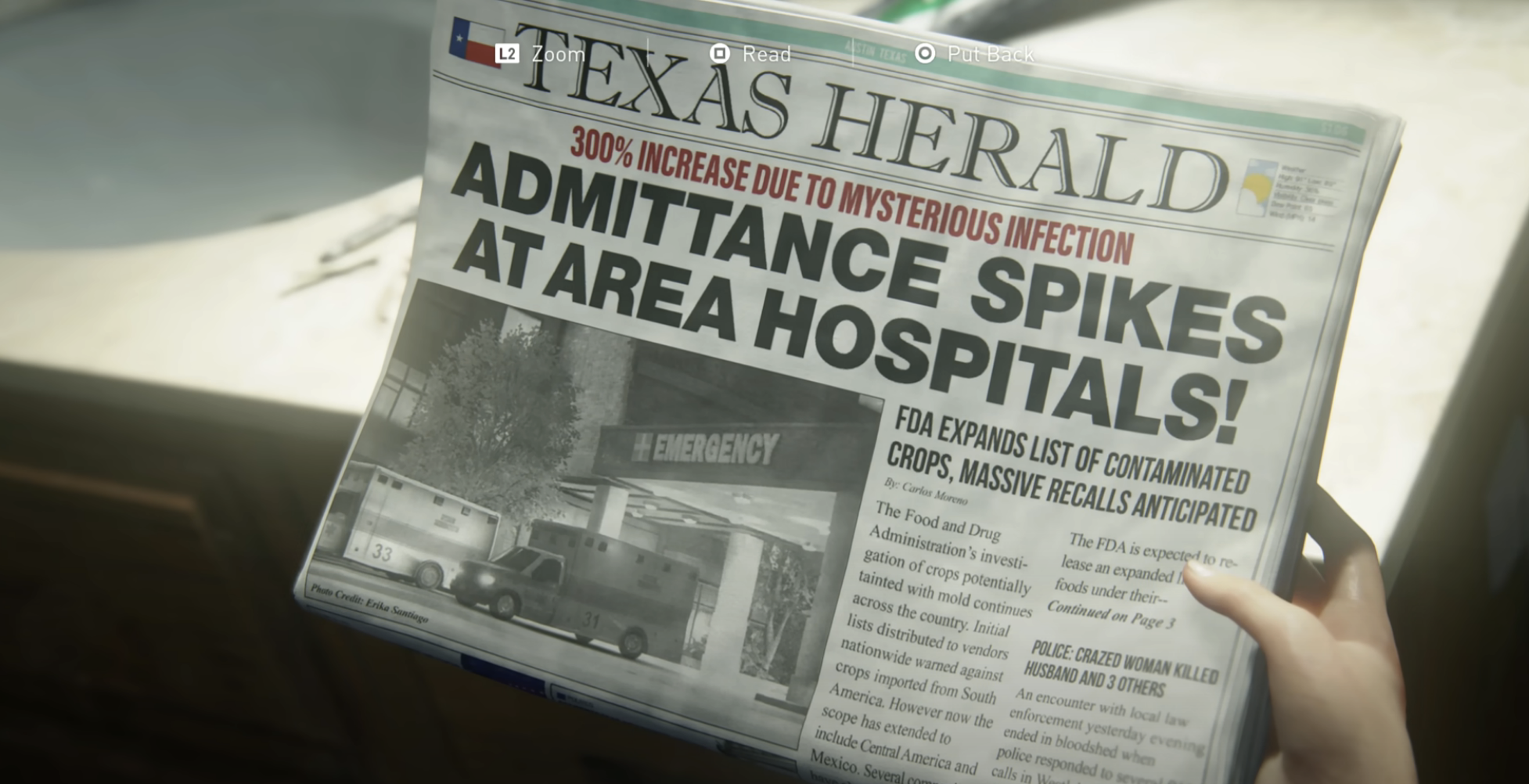 A person holding a copy of the Texas Herald with the headline: Admittance Spikes at Area Hospitals!