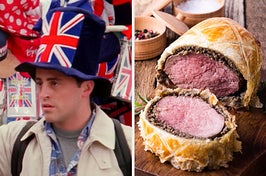 On the left, Joey from Friends wearing a Union Jack hat, and on the right, a beef Wellington