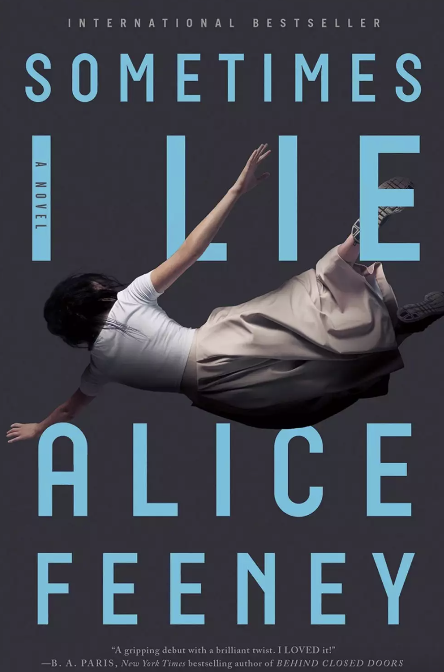 cover for &quot;Sometimes I Lie&quot; which is a woman falling from the sky, wearing a t shirt, long skirt, and gym shoes