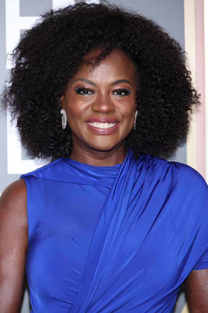 closeup of viola smiling with natural hair and a cocktail dress