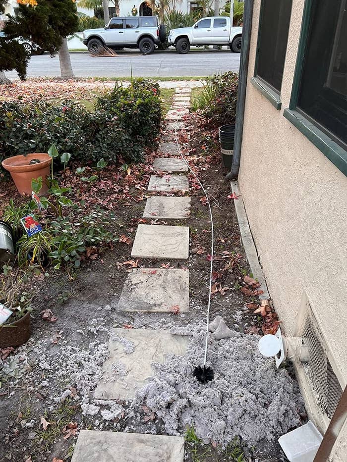 a reviewer photo of a large amount of dryer lint that came out of the vent on the side of a house