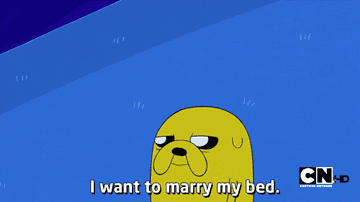a gif of a character from adventure time saying I want to marry my bed