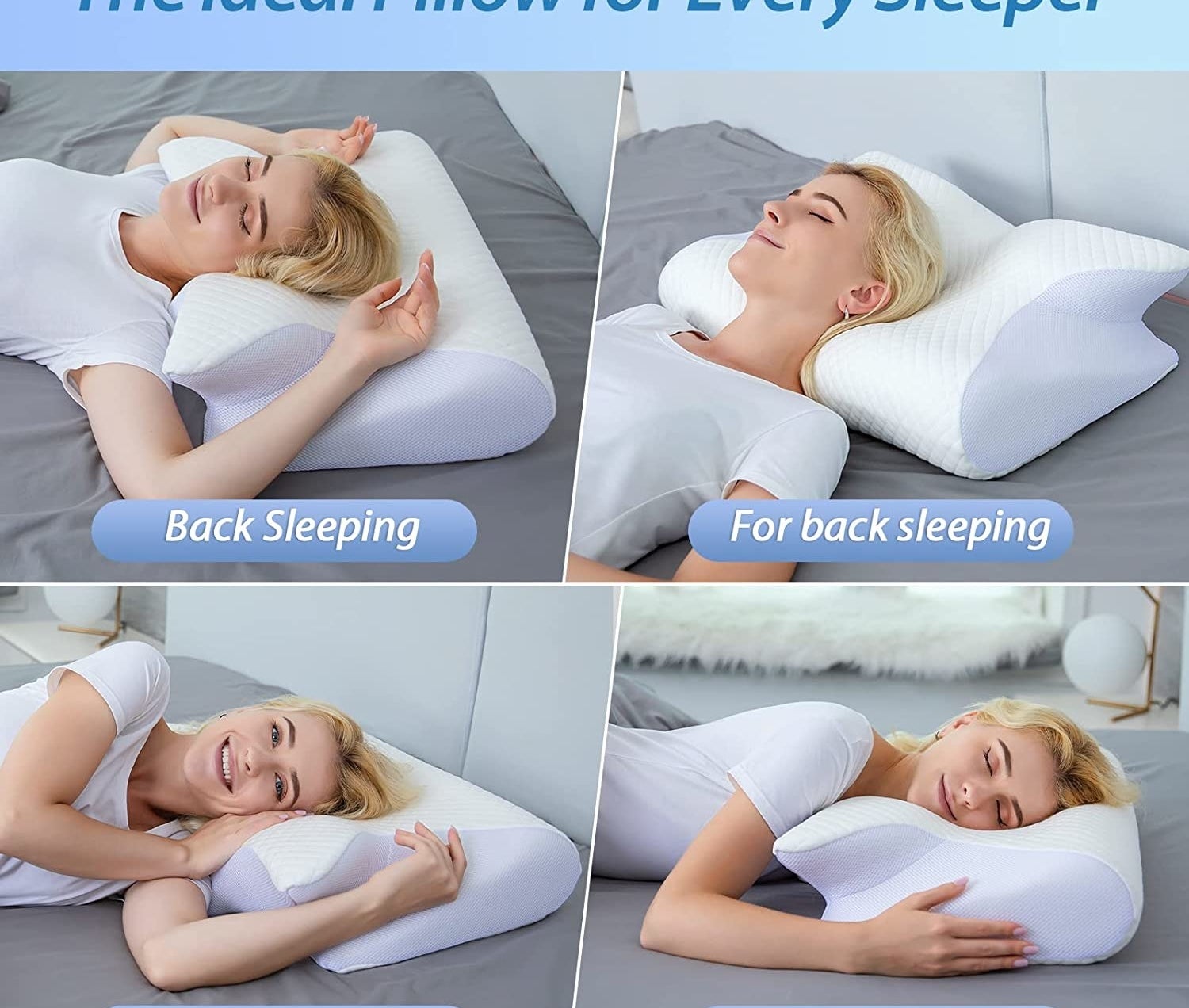 a person using the pillow for back sleeping, side sleeping, and stomach sleeping