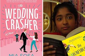two images: on the left is a book cover for "the wedding crasher" and on the right is devi from the show "never have i ever," reading