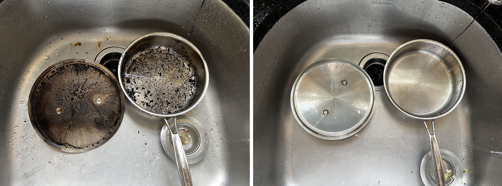 reviewer before and after of dirty and then clean pans after using paste