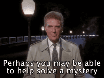 Robert Stack, host of Unsolved Mysteries saying perhaps you may be able to help solve a mystery
