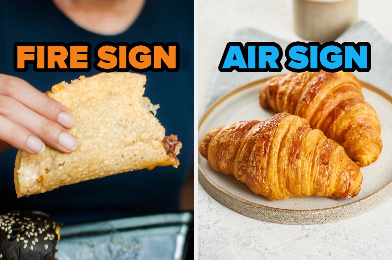 On the left, someone holding a crunch beef taco labeled fire sign, and on the right, two croissants on a plate labeled air sign