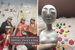 Five reviewers with hats and pipes in front of the board with their case information "move over Sherlock Holmes, there's a new detective in town"/reviewer modeling clay into a person
