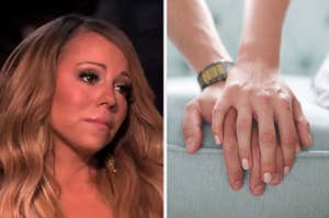 mariah carey looking solemnly at two hands holding each other
