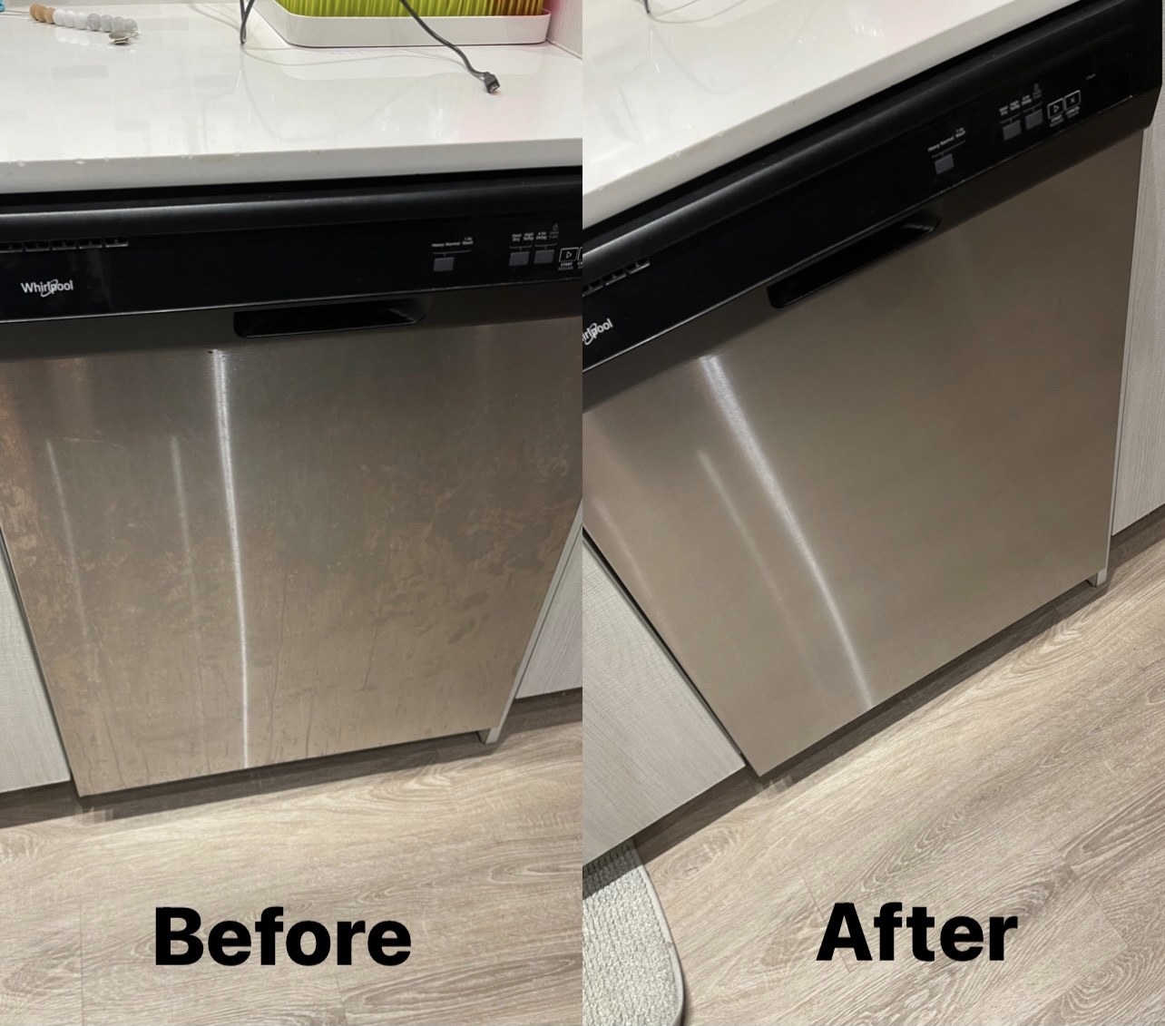 a reviewer before and after photo of a stainless steel dishwasher. it is very smudged on the before side and shiny and clean on the after side
