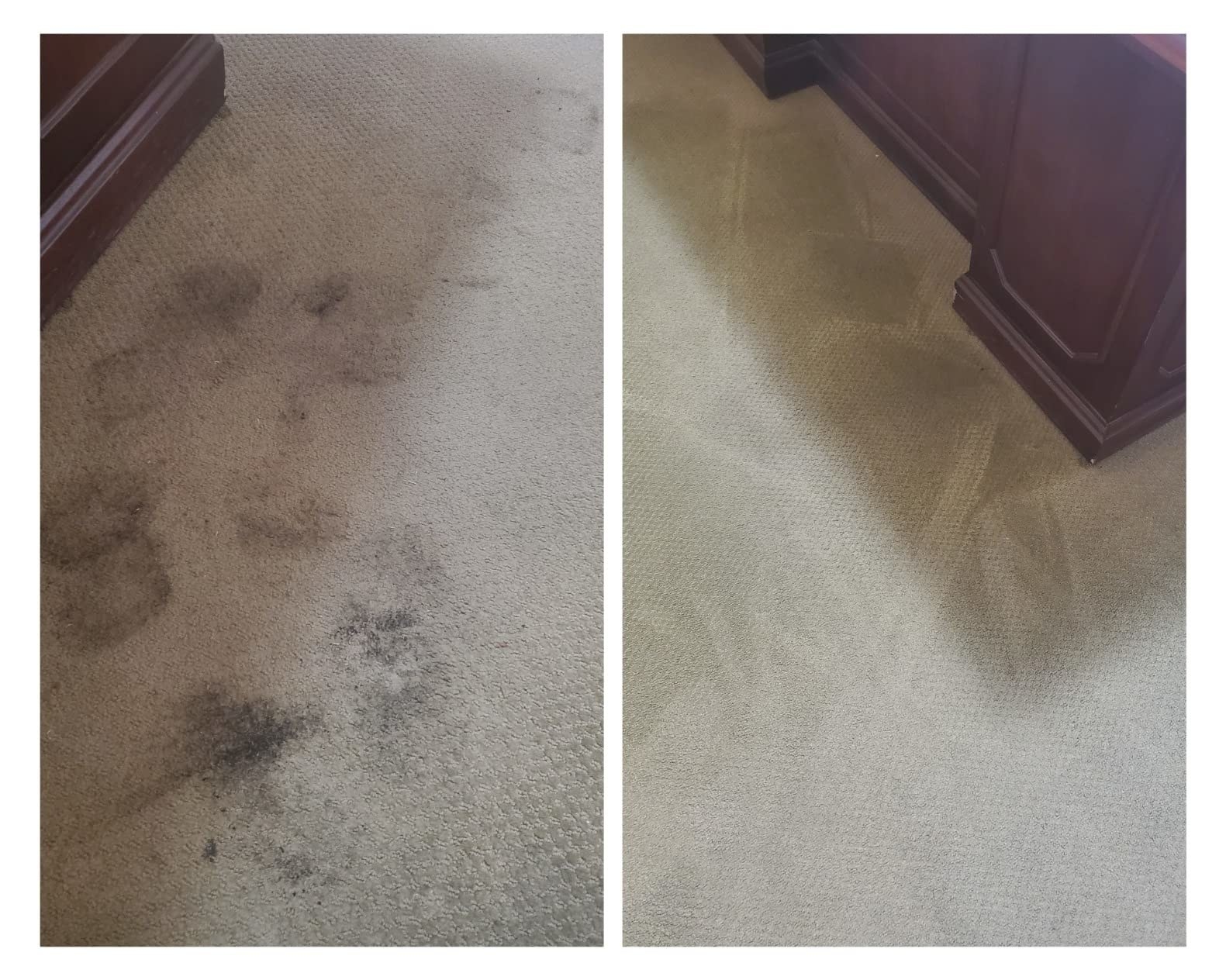 a reviewer before and after photo. one side shows a cream carpet with black stains, and on the other side the stains are completely gone.