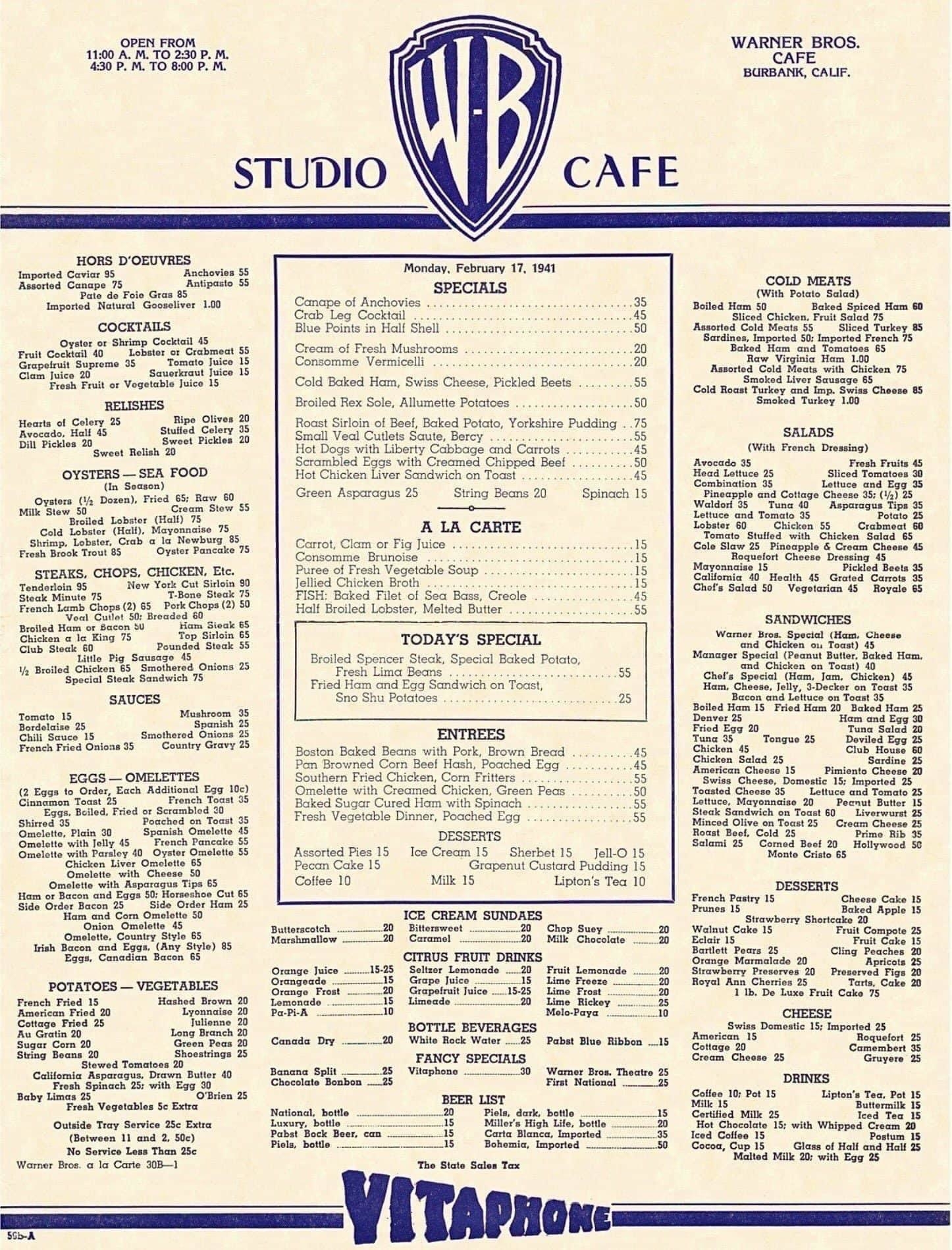 Warner Bros. Studio Cafe menu