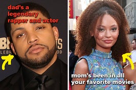 O'Shea Jackson Jr. wears a black suit. Nico Parker wears a sleeveless blue dress with red, green, and white swirl designs and a high ponytail.
