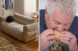 On the left, a couch in a living room, and on the right, Guy Fieri eating a sandwich