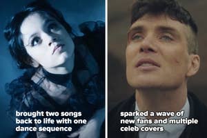 A split thumbnail, with one image showing Jenna Ortega dancing as Wednesday Addams, and one of Cillian Murphy looking serious as Tommy Shelby