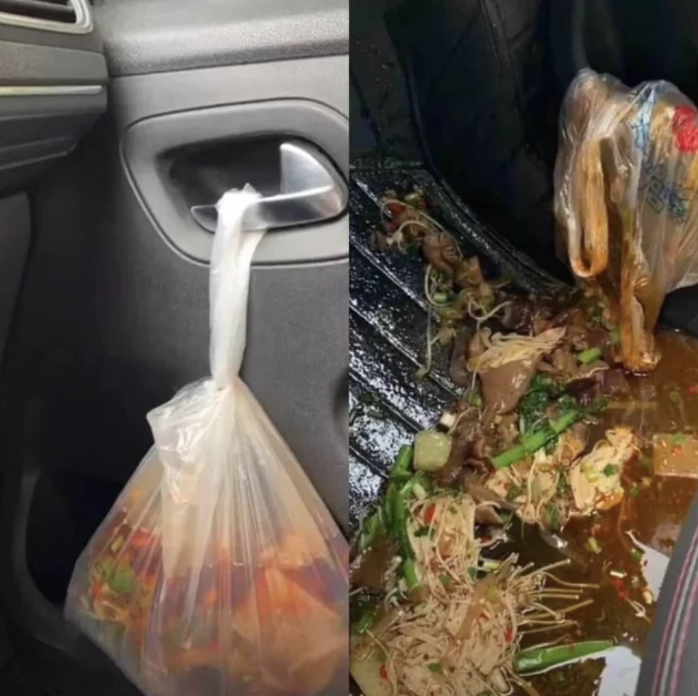 paper bag filled with soup handing from the car door handle