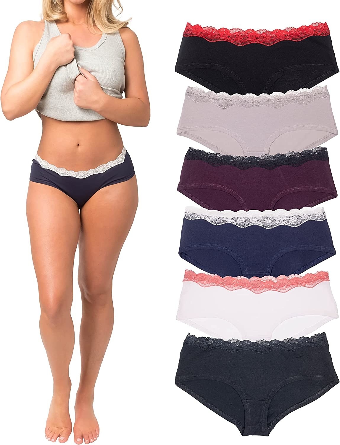 A model wearing the panties in navy and white next to a multicolored pack of them