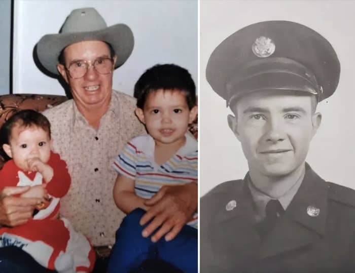 two photos of harold cressler, one with his two young children and one of him in the military