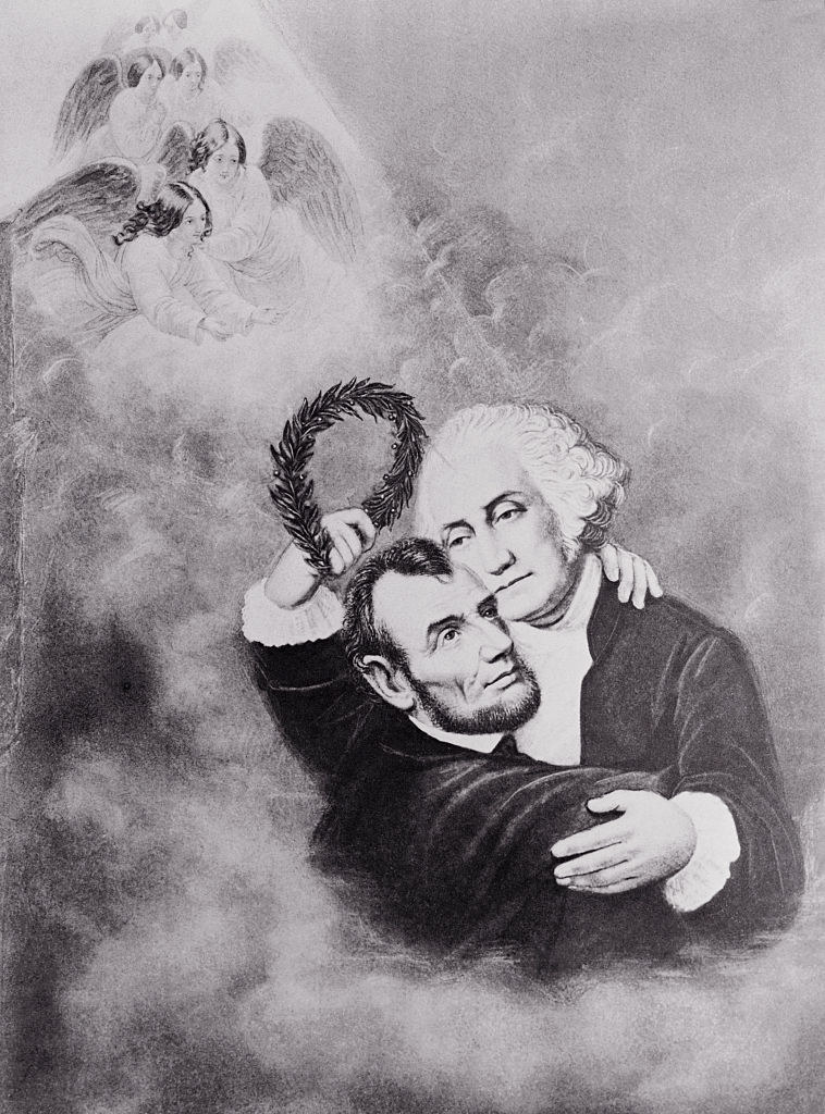 Illustration of Abraham Lincoln being embraced by George Washington with an angelic figure overhead